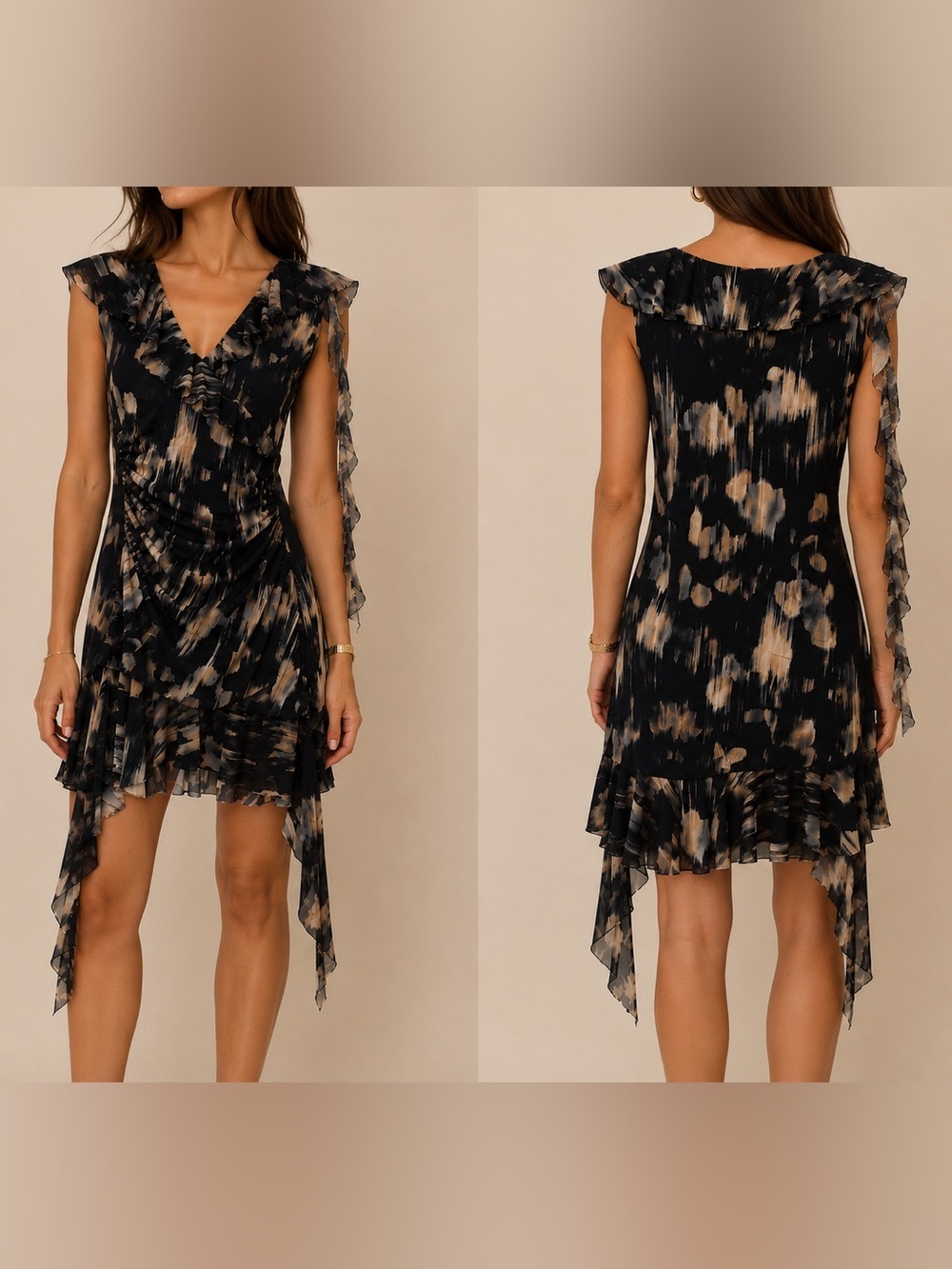 Zara Black & Beige Asymmetrical Ruffle Dress size M